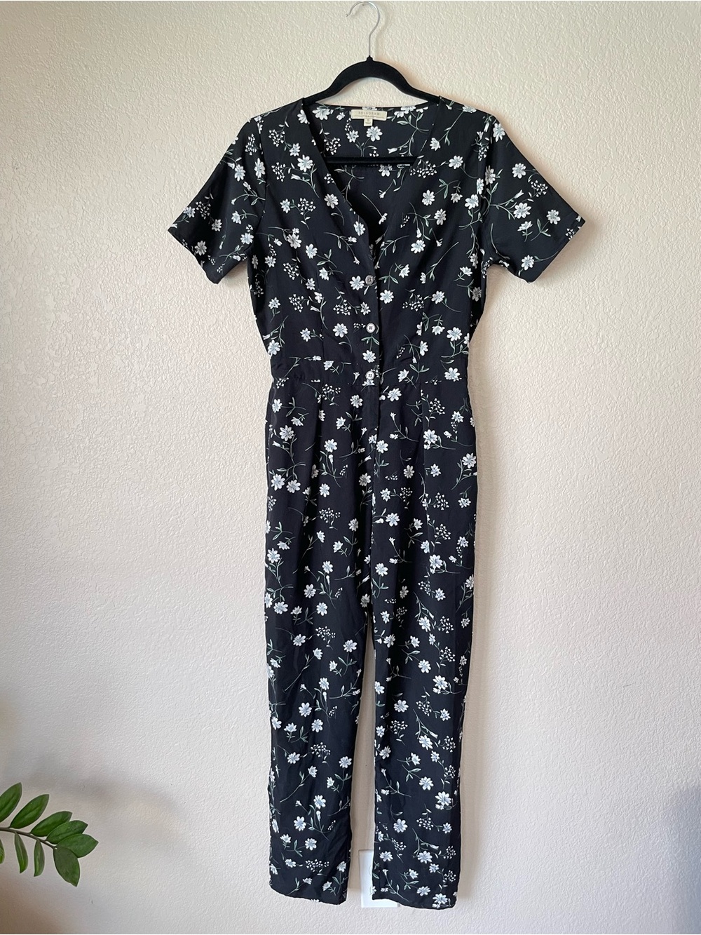 Polagram Black Floral Jumpsuit Retro 50s Button Front Short Sleeve S